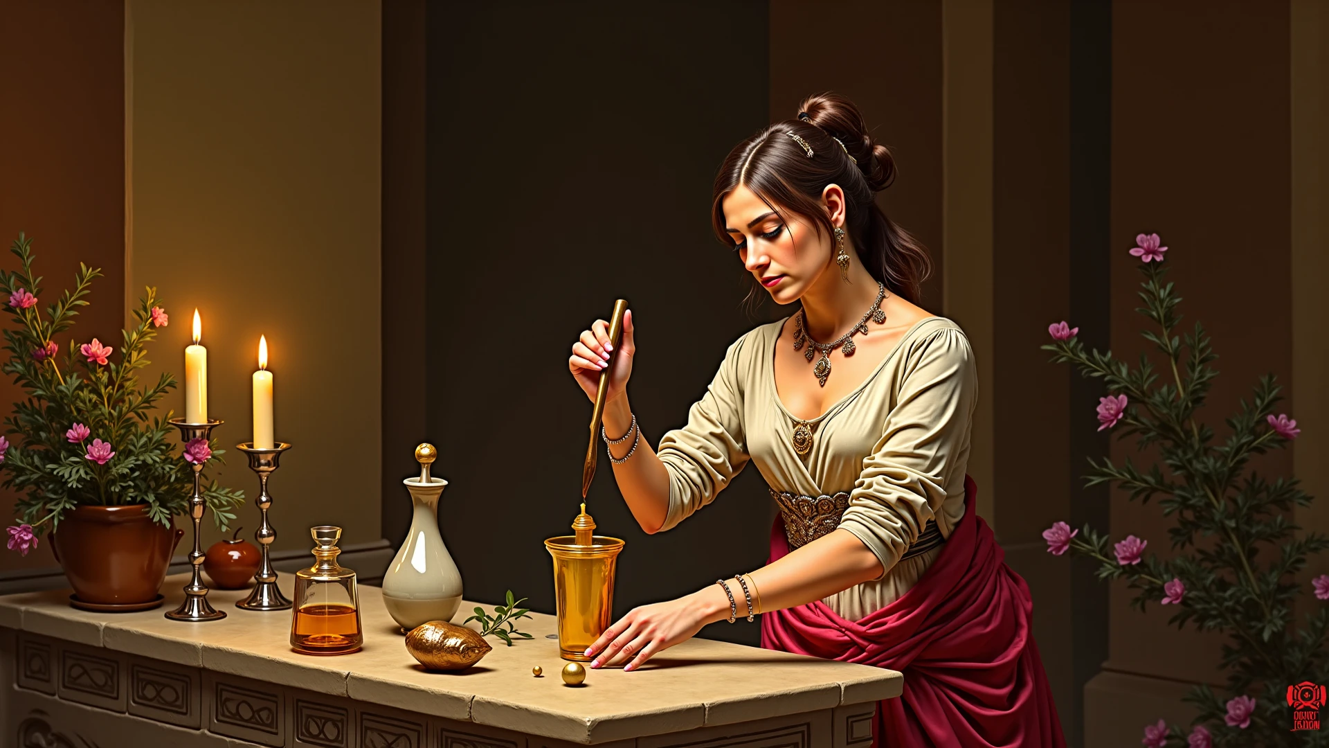 Sexy Roman women making perfumes 