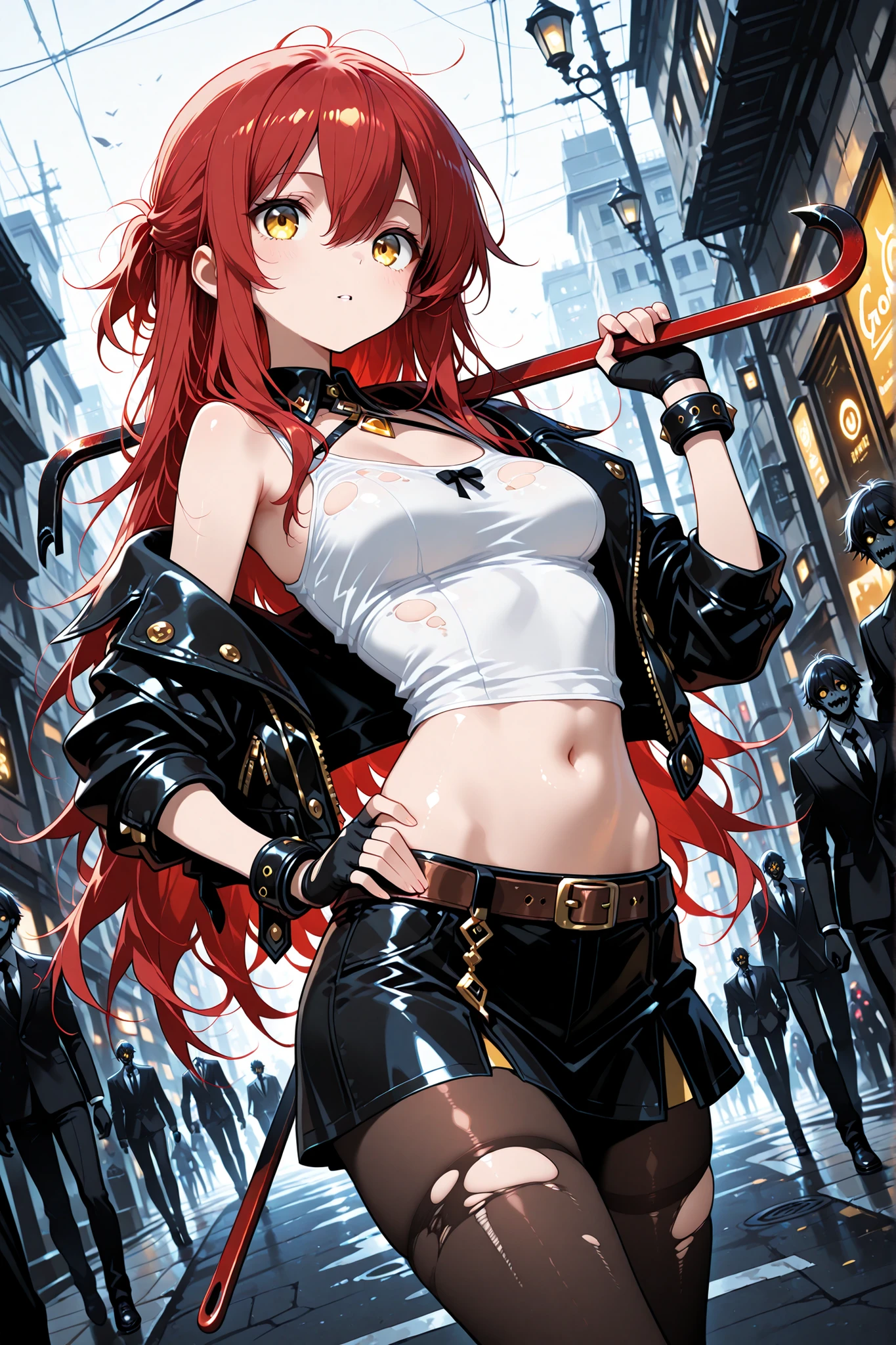 (best quality), (masterpiece), (highres), (depth of field),cyberpunk, blood, perfect lighting, extremely detailed girl, extremely detailed face, 1 girl, beautiful detailed eyes, full body, (looking at viewer),(sharp focus) makima \(chainsaw man\), red hair, long braided hair, golden eyes, bangs, medium breasts, white shirt, clevage, glowing eyes, swirl eyes, small smile, (dark background, chains:1.3), holding chain, evil, blood on face, zap , abandoned house background