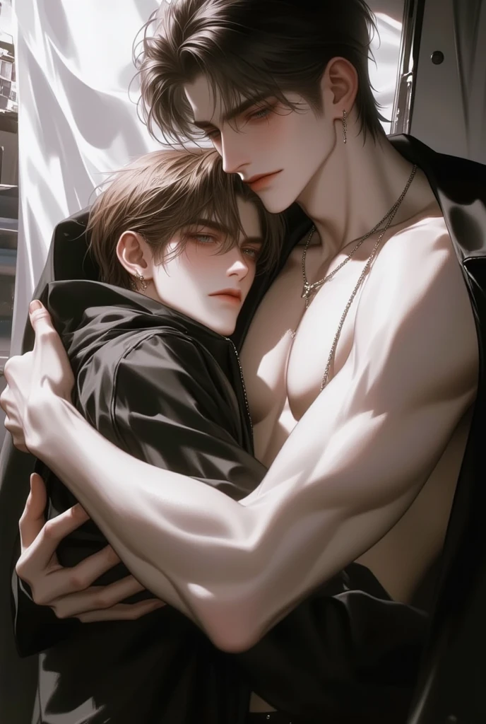 Masterpiece, top quality, two men, adult, in a small speedos, shirtless, abs, kiss on the neck, tall muscles, handsome and delicate eyes, intricate details, clear water, moonlit night, smile, aesthetic, romantic, dreamy, kissing, kiss