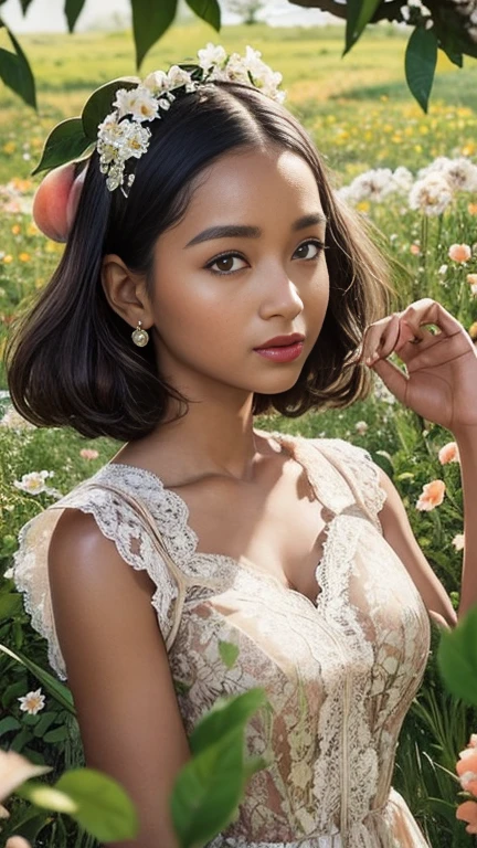 Brown-skinned girl with short wavy hair holding a delicate purple flower on a simple background