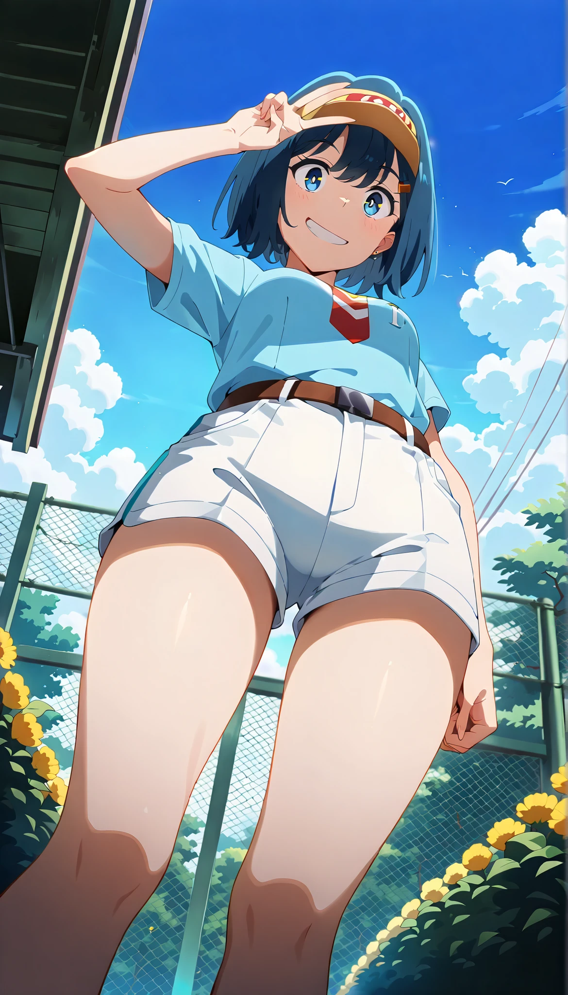 (masterpiece:1.3),(highest quality:1.4),(Super detailed:1.5),8K,High resolution,an extremely delicate and beautiful,Official Art,Perfect Anatomy,(anime_screencap:1.11),(90s Anime,90s Anime style,Cel-shaded anime:1.17),
anime coloring,detailed face and eyes, (solo:1.5),(anmnr:1.1),((ekitokuwz:1.52)),(school uniform:1.3),serafuku,short brown hair, pleated skirt, blue skirt, brown eyes, yellow neckerchief, short sleeves, japanese architecture,
Outdoor, sunny, Jumping, :d