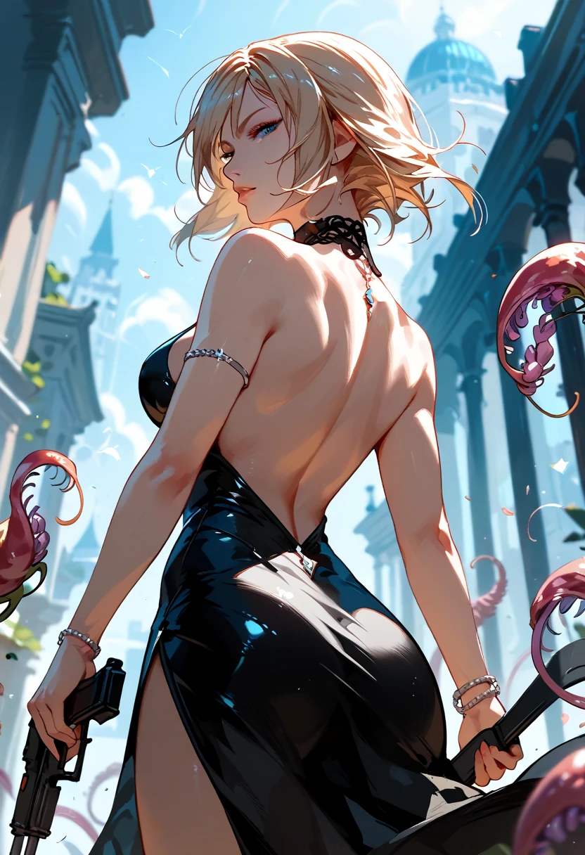 Lumine | genshin impact, master-piece, bestquality, 1girls,25 years old, proportional body, proportional., Wedding Dresses, White Wedding Dress, wedding,Long skirt, mediuml breasts, ,bara, choker, (Graffiti:1.5), Splash with purple lightning pattern., arm behind back, against wall, View viewers from the front., Thigh strap, Head tilt, bored, 10, 10, HD,