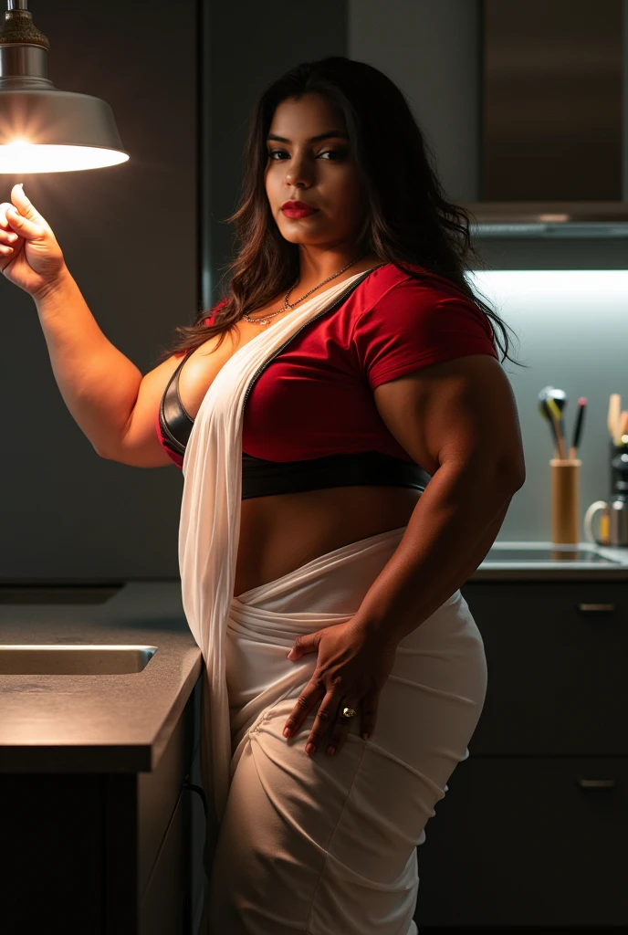 30year old heavy muscular young aged cute beautiful Kerala malayali beautiful female bodybuilder housemaid aunty , aunty in saree , Her muscular physique is highlighted by her self-assured strong biceps legs with more muscular calf with pointed high heel sandal in kitchen