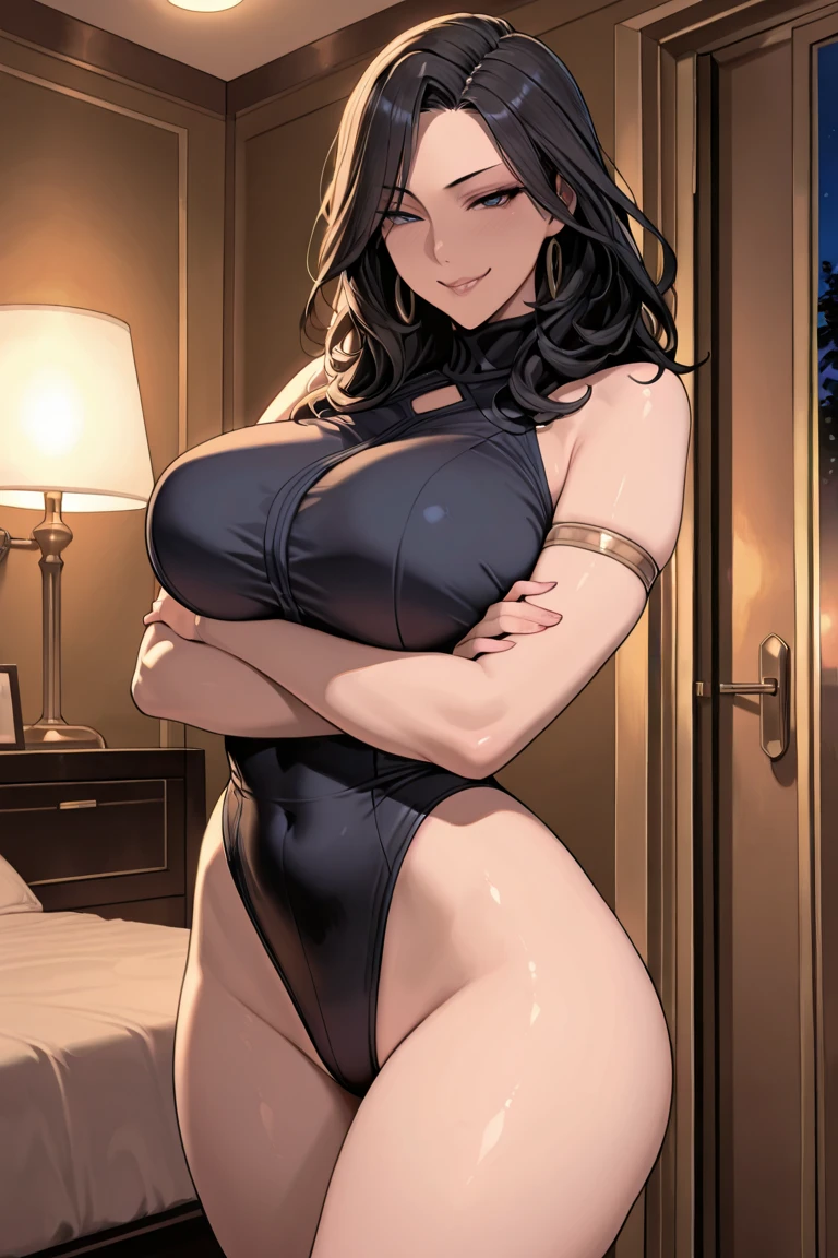 1girl, bare legs, swimsuit, gal, gyaru, asian adult model, sexy, curvy, huge breasts, narrow waist, choker, wide hips, thick thighs, looking at viewer, cowboy shot, hentai, dynamic pose, smile, sexy and cute, wide shot, natural lips, background bar, black hair