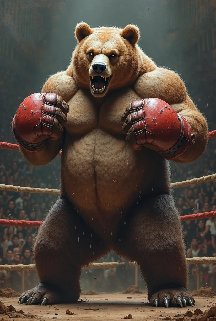 An enormous grizzly bear, whose brown fur is thick and wild, under which his muscles protrude powerfully. His massive arms and legs are equipped with green boxing gloves, which are extra large and wide, to enclose his gigantic paws. The bear stands confidently in the ring, his upright posture radiates raw power, while he is ready, to dominate his opponents.