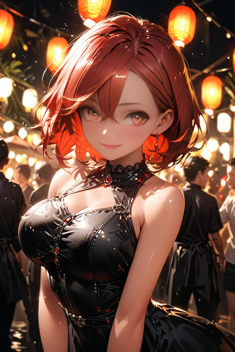 A Nice adult woman wearing a black lace outfit、1 person、((Orange short hair))、(Yellow Eyes)、Bold Pose、Face close-up、(Festival Background)、strong、Wicked Smile、Nice、Tamaki Shiina