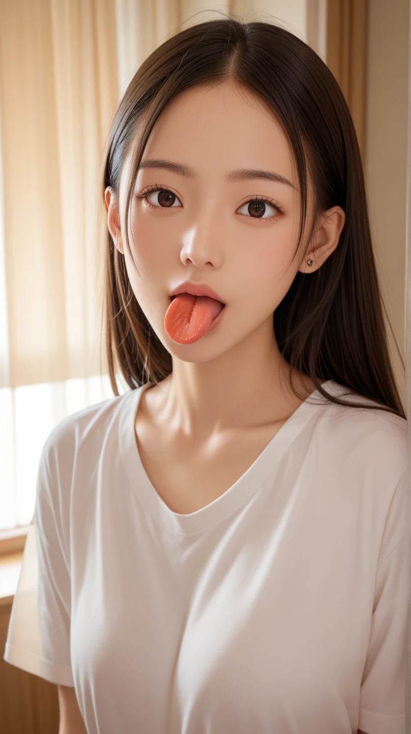 (Ultra realistic), (Increased resolution) (8K), (Extremely detailed), (Best Illustration), (Beautiful and Detailed Eyes), (Best Quality), (fisheye lens close up), solo, 1 girl, fine detail, (kneeling, oversized shirt), (big breasts), (drenched in milk), (tongue out, salivating), ((lots of saliva)), ( gesture)