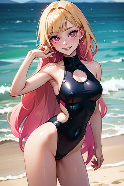 (nsfw 1.0), busty, blonde, anime, fantasy, slim figure, cute, big breasts, perfect breasts, big eyes, looking at viewer, big eyes, 8k, high resolution, high quality, stands on the beach, smile, pink long hair, looks from behind, in full growth, (open suit), big ass, open bra
