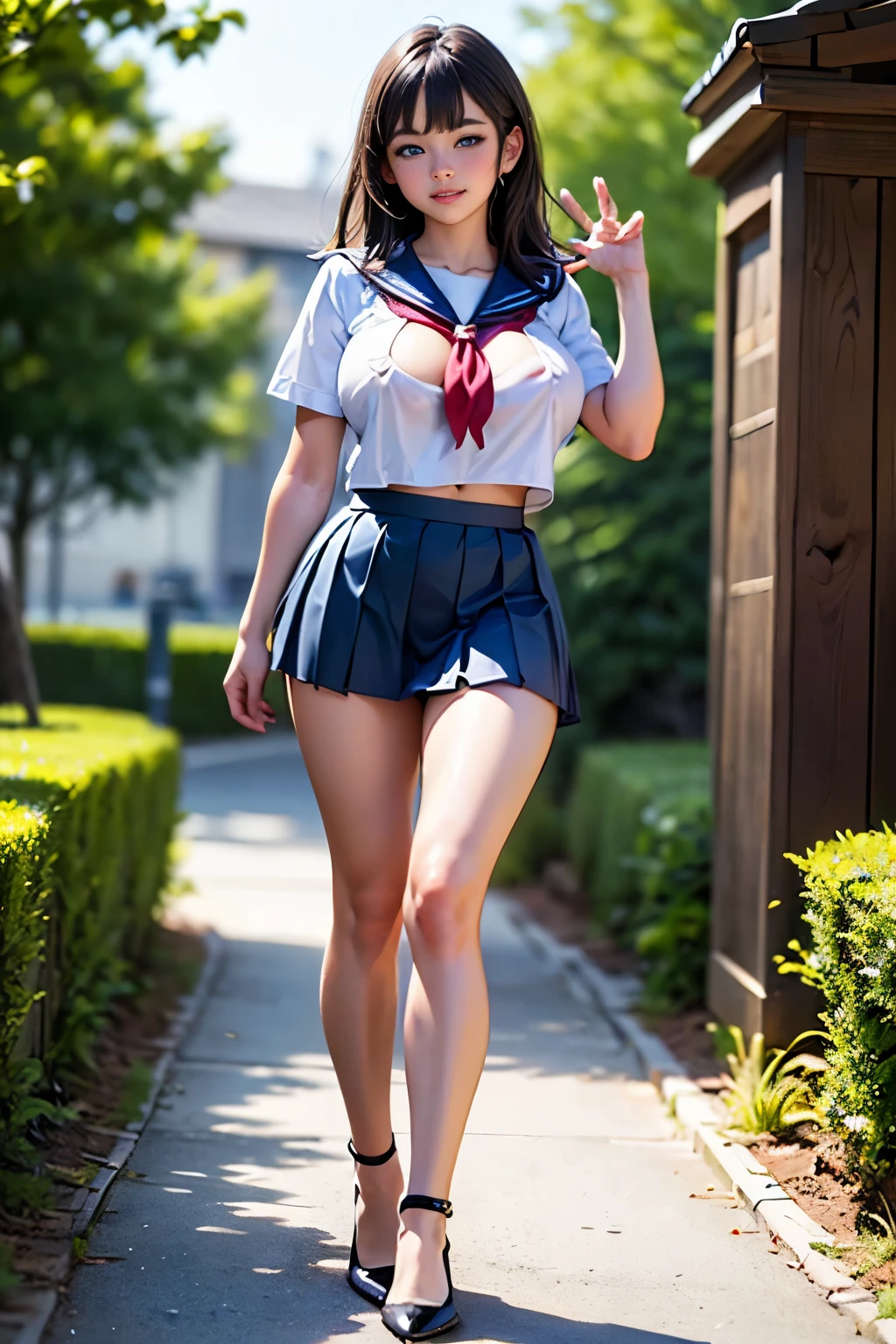 Best Quality, masterpiece, ultra high resolution, (realistic photo:1.4), raw photo, (perfect body shape), (delgado:1.2), dynamic pose, 1 girl, (full figure:0.9), Alone, big breasts, Small waist,white cropped blouse, School uniform, Plaid mini skirt, In the dark, evening, on the street, deep shadow, low key, Cold Light 12000K,smile,large school shoulder bag,kkw-ph1, of_DeepNegative_v1_75t, ca45mv7-100, bhands, bhands-neg, HorrorByDave