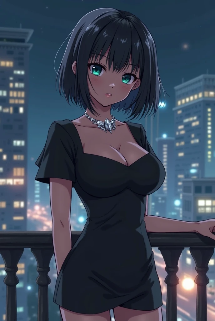 BREAK (masterpiece:1.2), best quality, high resolution, unity 8k wallpaper, (illustration:0.8), (beautiful detailed eyes:1.6), extremely detailed face, perfect lighting, extremely detailed CG, (perfect hands, perfect anatomy),city,street,wet road,reflections, buildings,night,fubuki, black hair, (green eyes:1.5), short hair,black dress, dress, fur coat, high collar, jewelry, necklace, off shoulder, taut clothes, taut dress, pantyhose,angry face, neckline,cleavege,from above,upper body,bend over.