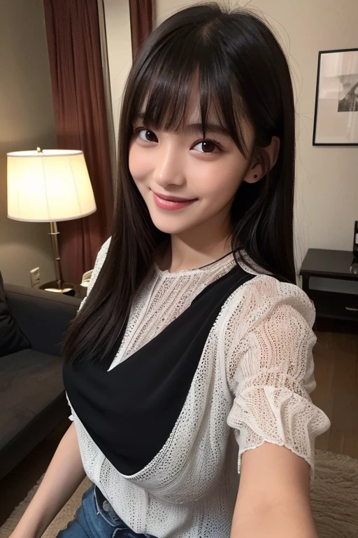 (8K, Raw photography, best quality, masterpiece, realisitic, photo-realsitic:1.8), clear, professional lighting, ultra high res, ultra detailed, (extreme close-up:1.4), (selfie:1.4), from above, 1 japanese married woman, 30-years-old, (petite body:1.2), (small breasts:1.7), under-height, ultra-detailed face, (round face:1.4), (no-makeup look:1.4), (warm-smile:1.4), embarrassed, blush, ecstasy, Blunt Bangs, Brown hair, long hair, (Curly Hair:1.2), Beautiful detailed skin, skin texture, (wearing black-color shirt:1.4), in livingroom.