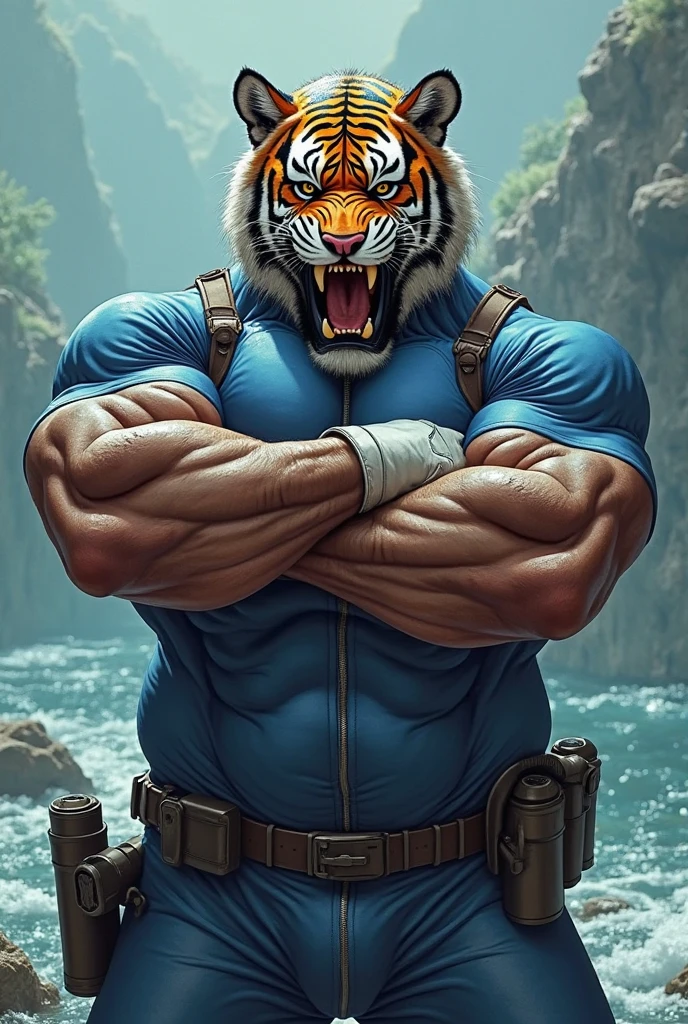 Close up, there is a man with tiger ears, commission for high res, anthropomorphic, muscular chest, highly detailed full body, strong and imposing, detailed full body, muscular character, extra detailed body, macho pose, body detailed, (looking at the viewer), wet body, sweaty, short yellow hair, yellow beard, veins, damaged navy tank top, angry face, blue eyes.