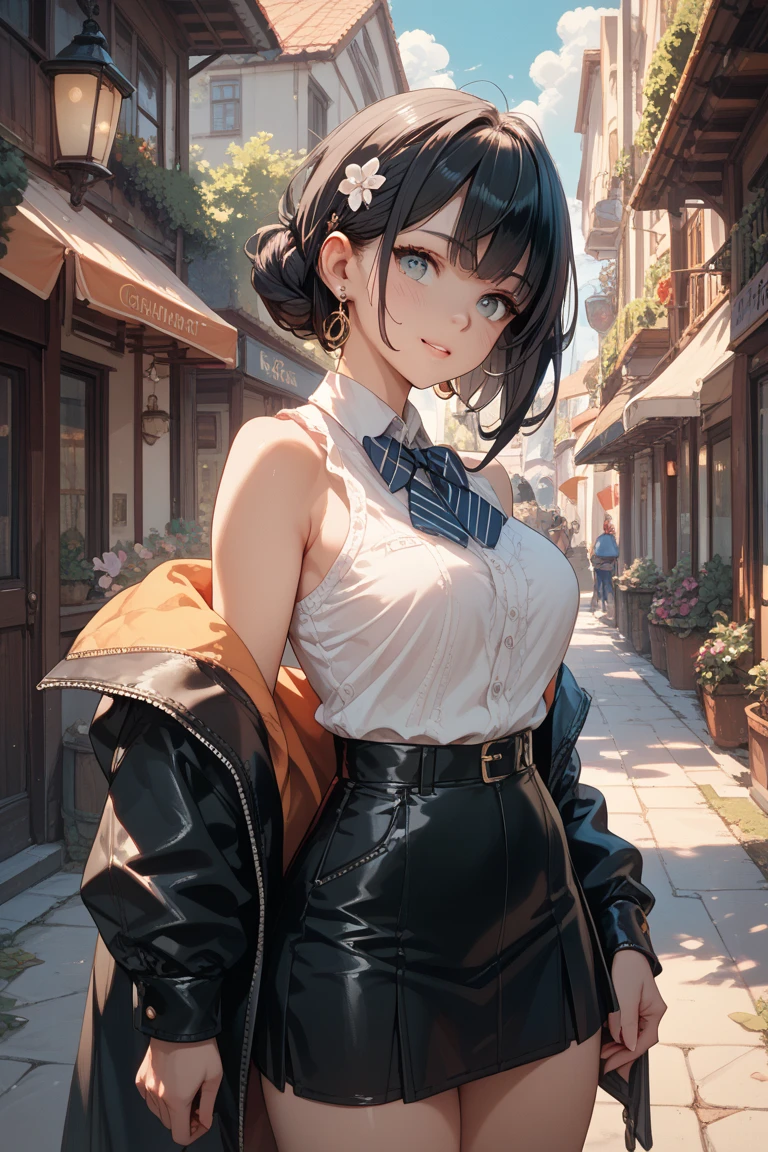 Anime style illustration, A high resolution, Ultra detailed, (1girll:1.3), (Dynamic pose):1.0 BREAK, Cowboy shot, (Pale skin:1.3), ((Detailed blue eyes)), (Bokeh effect), (Dynamic Angle), 1 The extremely beautiful and charming anime Kamo River, (Wearing schoolgirl clothing, Pink sailor shirt and dark gray pleated skirt, Black stockings), Break, She has a brown wavy double-sided upward haircut, Medium-breasted, Light smile, cheerfulness, Wind, 8 life size, Detailed clothes, Detailed body, detailed arms, human hand, Detailed hands, Perfect nose, Blush, Light smile, Pink lip gloss, looking a viewer, Facing the viewer, sexy model posing, extremely leaning forward against the viewer, Studio soft light, Cinematic light, Detailed background, Realistic, Ultra-realistic, Masterpiece, 32k ultra-sharp image, Japanese anime waifu, concept art by Kyoto animation, Makoto Shinkai,