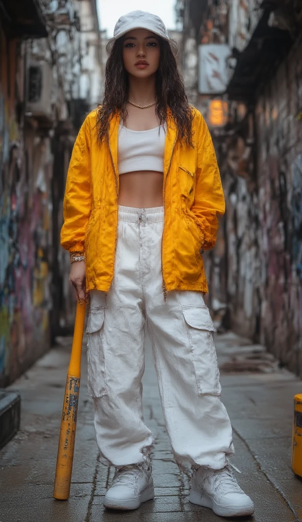 A tough and unapologetic 23-year-old woman with a fit, gym-trained body, standing with gritty confidence in a dark, trash-littered alleyway. She wears a white Calvin Klein underwear set, its waistband boldly visible above a pair of ultra-baggy, low-slung hip-hop pants that hang just above her thighs. Her oversized, distressed bomber jacket falls loosely off her shoulders, sleeves drooping low, exposing her crop top and toned abs. The fabric is worn, stained, and frayed—like it’s lived through chaos. Her chunky combat boots are scuffed and dusty, perfect for stomping through the city underground. She stands with her legs slightly apart, grounded like a street warrior. Her left hand rests on her hip with swagger, while her right hand drags a heavy, dented baseball bat across the cracked concrete floor. Her face is fierce—jaw set, eyes narrowed with defiance. Her chin tilts slightly up, nose pointed skyward, wearing a smug, untouchable expression. Her shoulder-length hair is slightly messy, textured like it’s been through wind and smoke. The background is a raw, graffiti-covered alley soaked in dim, yellowed streetlight. Posters peel off brick walls, grime clings to metal doors, and a faint mist rises from underground vents. There's dust in the air, flickering neon signs in the distance, and the whole scene feels like a rebel’s hideout—loud, unclean, and full of soul. The colors are muted—grays, browns, and faded reds—with grainy textures and high contrast shadows that bring out the roughness of the environment. Cinematic, full-body grunge splash art in 9:16.