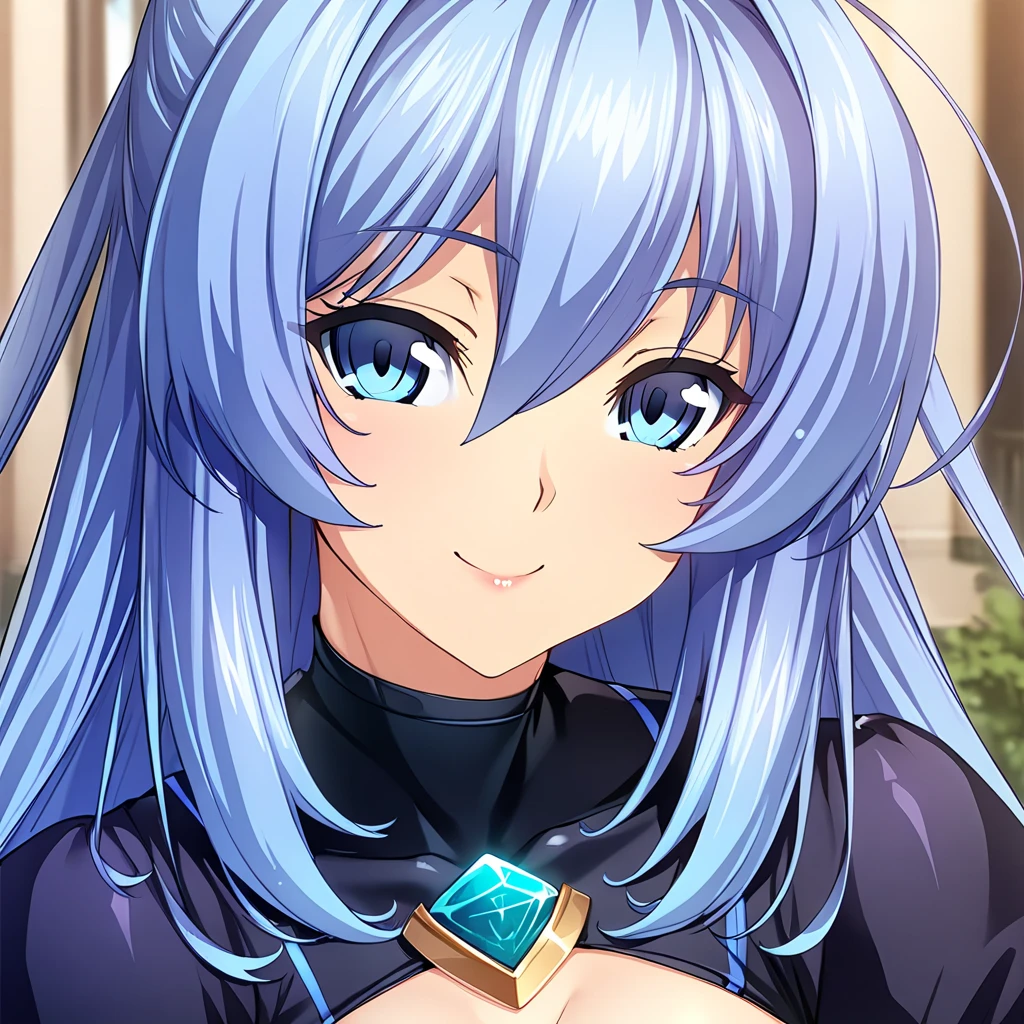 1 girl,(kiss face:1.2),(stylish black cloth:1.5),masterpiece,highest quality, unreal engine, super resolution, very detailed,big breasts, waist, thin, (muscular:0.8) ,blue long hair,purple eyes ,(smile,blush:1.3)