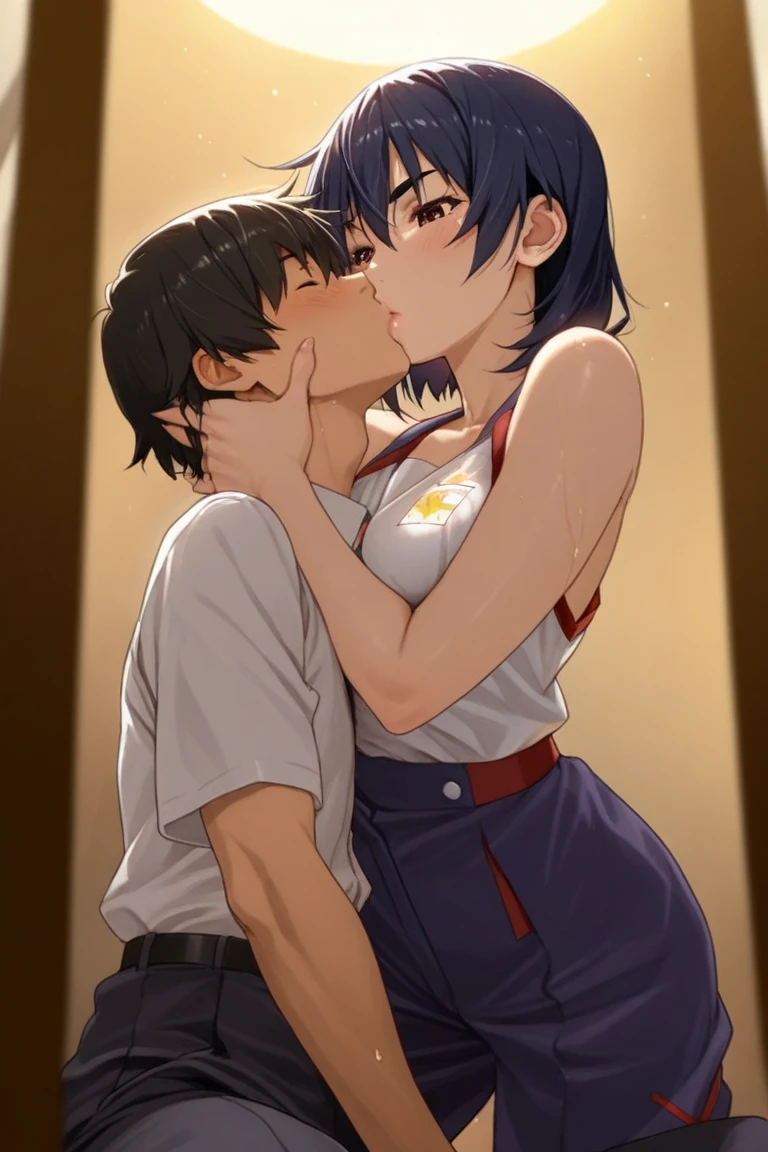 shinkai makoto, kimi no na wa.,1boy, buzzcut,nude, boy is front of girl, passionate hug, face press on the chest, sniffing chest, kiss chest, 1girl, bangs, black hair, blush, brown eyes, collared shirt, looking at the viewer, indoors, red headband, red ribbon, red bow, Blazer uniform, , schoolyard, short hair, open mouth, white shirt, white skirt, long sleeves, heart shaped hands, open shirt, partially open, pink bra, breast, medium breast, night, bedroom, sit on bed