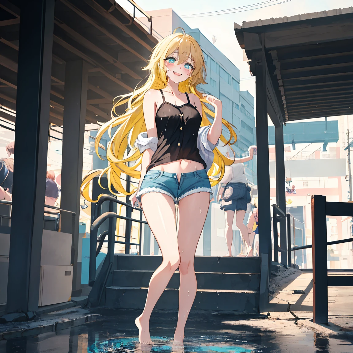 1girl, blonde girl, blue eyes, long blonde hair, white tank top, tight fitting black pants. at the park.