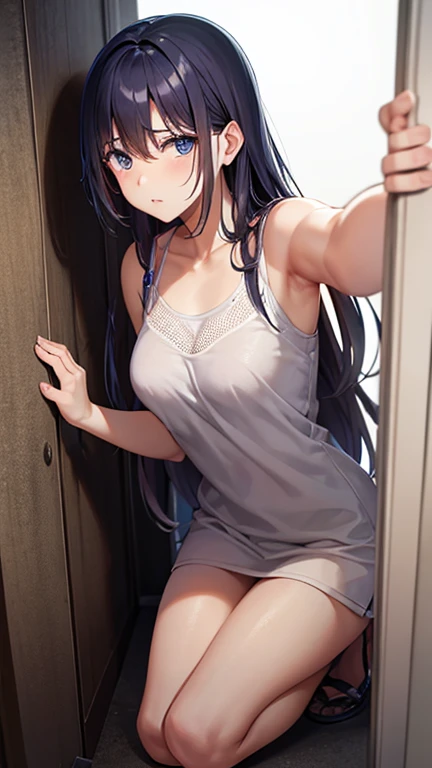 A young woman in a lavender bra and panties set is standing in front of a window. The woman has long brown hair and is looking at the camera with a smile. The image is taken from a slightly low angle.