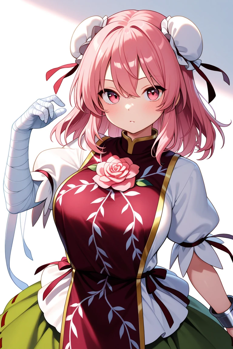 masterpiece, Best quality,Sharpness,absurdity ,1 girl, Haruno Sakura,mark on forehead, red hairband,, bracelet, I look at the viewer, (hands behind your head:1.1), smile,, medium large breasts,I&#39;m standing in the garden,hands behind your back,Close-up,upper body only , ченый latexный костюм на все тело , shiny black latex, Shiny skin , latex 