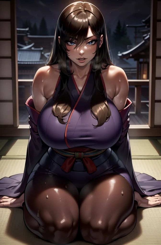girl ((muscular)) massive breasts thick disdain disgusted annoyed disappointed black hair yellow eyes pale skin super detail kimono sitting