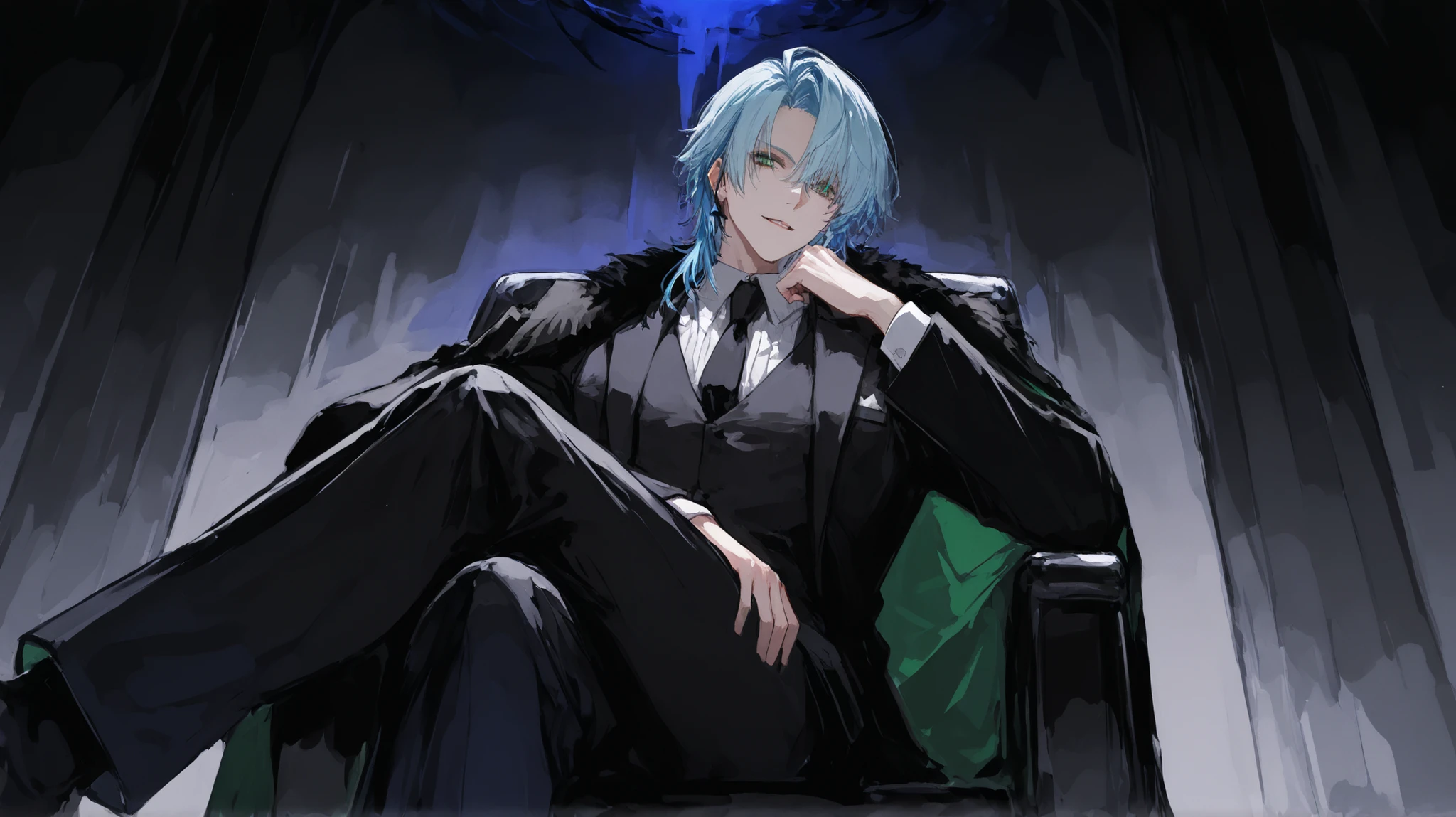 Highest Quality male front mafia Dark Atmosphere pale light blue hair Crossed Legs Dark blue-green eyes Alluring
