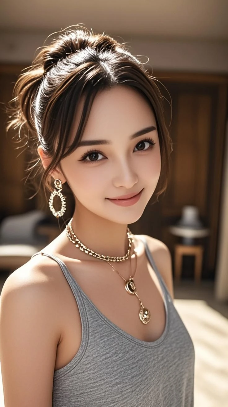 Realistic photo quality、Wearing a sheer red camisole、２０Old Japanese woman, Beautiful Japanese girl face, Gold Jewelry、Young and cute gravure idol、looking at the camera、Face Light、in the forest、Shot with a 200mm lens、The background is a blurred yellow-green plant、Completely blur the background、looking at the camera、gentle expression、smile