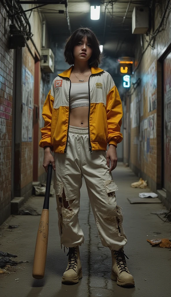 A tough and unapologetic 23-year-old woman with a fit, gym-trained body, standing with gritty confidence in a dark, trash-littered alleyway. She wears a white Calvin Klein underwear set, its waistband boldly visible above a pair of ultra-baggy, low-slung hip-hop pants that hang just above her thighs. Her oversized, distressed bomber jacket falls loosely off her shoulders, sleeves drooping low, exposing her crop top and toned abs. The fabric is worn, stained, and frayed—like it’s lived through chaos. Her chunky combat boots are scuffed and dusty, perfect for stomping through the city underground. She stands with her legs slightly apart, grounded like a street warrior. Her left hand rests on her hip with swagger, while her right hand drags a heavy, dented baseball bat across the cracked concrete floor. Her face is fierce—jaw set, eyes narrowed with defiance. Her chin tilts slightly up, nose pointed skyward, wearing a smug, untouchable expression. Her shoulder-length hair is slightly messy, textured like it’s been through wind and smoke. The background is a raw, graffiti-covered alley soaked in dim, yellowed streetlight. Posters peel off brick walls, grime clings to metal doors, and a faint mist rises from underground vents. There's dust in the air, flickering neon signs in the distance, and the whole scene feels like a rebel’s hideout—loud, unclean, and full of soul. The colors are muted—grays, browns, and faded reds—with grainy textures and high contrast shadows that bring out the roughness of the environment. Cinematic, full-body grunge splash art in 9:16.