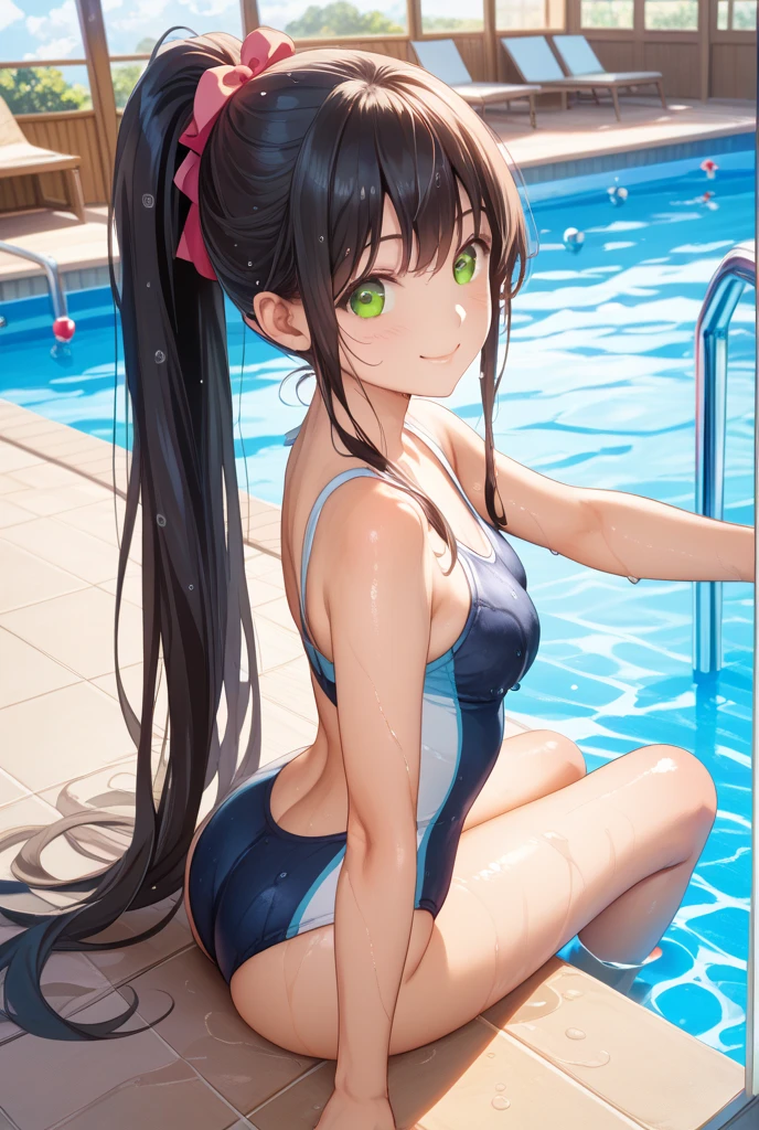 High resolution, high quality, 1 girl, anime girl, Brown hair long hair, brown eyes, green glasses, tanned skin, big breasts, (big ass),beautiful butt,school swimwear,standing split,at poolside,