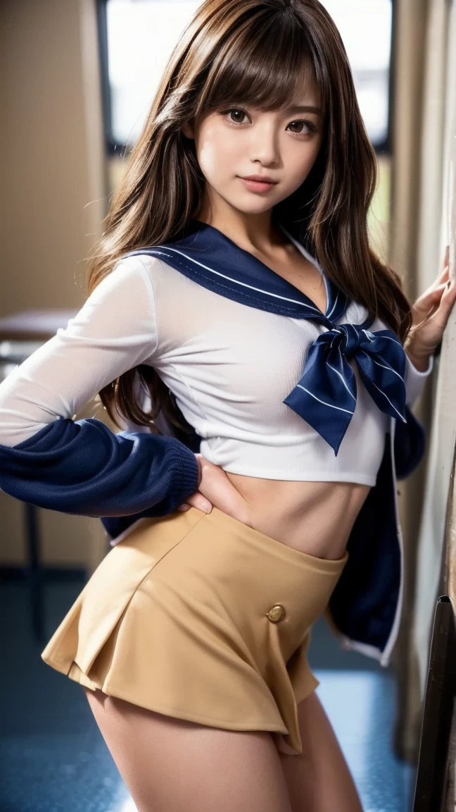 (((Sailor Uniform School Uniform Role Playing、))) (( )) ((Know、Come Out、areola is hollow,)) Poleto、In a seductive pose、Raise your arms、Hands up、ultra-short hair、pubick hair、((( 陰核、 、Vaginal opening、opened))) (( )) (((Spread your legs、Spreading the crotch、))) (((perspired、 ))) a picture、tmasterpiece、4K,