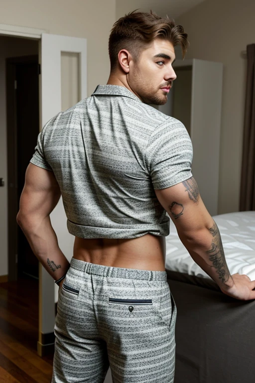 high quality, masterpiece, absurdres, 1boy, male focus, <lora:jordan_torres_young:0.8> jordan_torres, black shirt, pants, bed, back side, room, interior