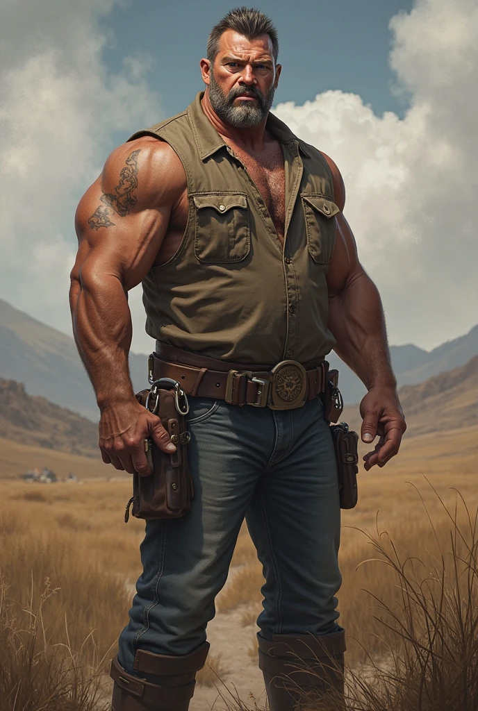 ((medium wide shot)), wasteland warrior, handsome man, bodybuilder, bulge, post-apocalyptic, beard, detailed, realistic, white man, dirty:0.8, dramatic, erect cock, erect penis
