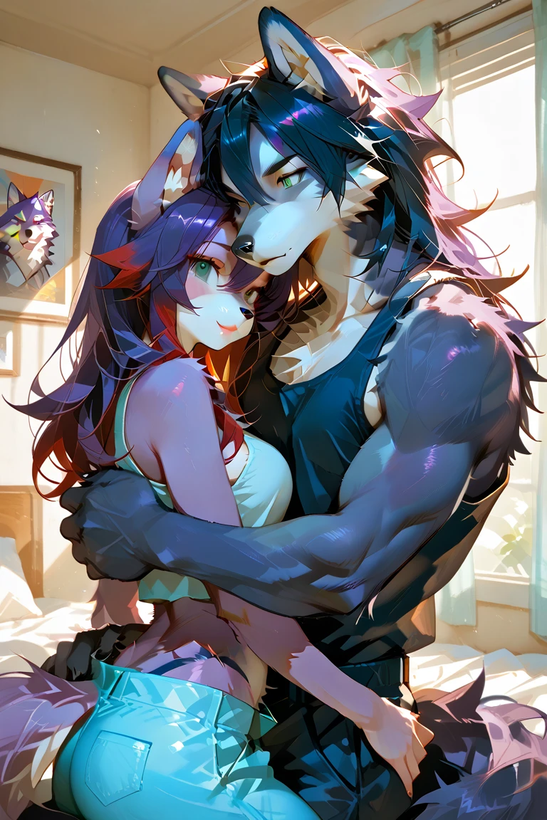 anime couple lying in bed hugging, sfw version, (sfw) ((anime)) ((my hero academia)) ((attractive)) A young adult boy (( attractive little long reddish hair tied .green eyes.serious look.cross tattoo on neck he is shirtless wearing black shorts barefoot )) lying on a bed hugging a girl (( long light purple hair. violet eyes.lined under the eyes.violet dragon tattoo on neck.serious look with a blush.attractive.Wear black lingerie)) .Wear black lingerie sexy, big breasts..Sitting on the boy's lap.Elegant room background.