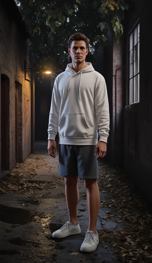 A tough and unapologetic 23-year-old woman with a fit, gym-trained body, standing with gritty confidence in a dark, trash-littered alleyway. She wears a white Calvin Klein underwear set, its waistband boldly visible above a pair of ultra-baggy, low-slung hip-hop pants that hang just above her thighs. Her oversized, distressed bomber jacket falls loosely off her shoulders, sleeves drooping low, exposing her crop top and toned abs. The fabric is worn, stained, and frayed—like it’s lived through chaos. Her chunky combat boots are scuffed and dusty, perfect for stomping through the city underground. She stands with her legs slightly apart, grounded like a street warrior. Her left hand rests on her hip with swagger, while her right hand drags a heavy, dented baseball bat across the cracked concrete floor. Her face is fierce—jaw set, eyes narrowed with defiance. Her chin tilts slightly up, nose pointed skyward, wearing a smug, untouchable expression. Her shoulder-length hair is slightly messy, textured like it’s been through wind and smoke. The background is a raw, graffiti-covered alley soaked in dim, yellowed streetlight. Posters peel off brick walls, grime clings to metal doors, and a faint mist rises from underground vents. There's dust in the air, flickering neon signs in the distance, and the whole scene feels like a rebel’s hideout—loud, unclean, and full of soul. The colors are muted—grays, browns, and faded reds—with grainy textures and high contrast shadows that bring out the roughness of the environment. Cinematic, full-body grunge splash art in 9:16.