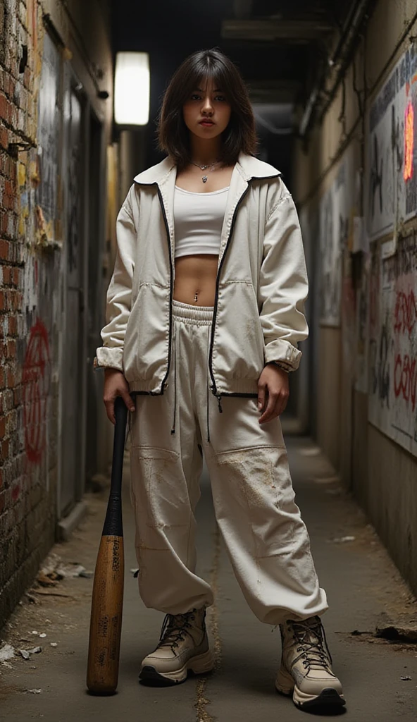 A tough and unapologetic 23-year-old woman with a fit, gym-trained body, standing with gritty confidence in a dark, trash-littered alleyway. She wears a white Calvin Klein underwear set, its waistband boldly visible above a pair of ultra-baggy, low-slung hip-hop pants that hang just above her thighs. Her oversized, distressed bomber jacket falls loosely off her shoulders, sleeves drooping low, exposing her crop top and toned abs. The fabric is worn, stained, and frayed—like it’s lived through chaos. Her chunky combat boots are scuffed and dusty, perfect for stomping through the city underground. She stands with her legs slightly apart, grounded like a street warrior. Her left hand rests on her hip with swagger, while her right hand drags a heavy, dented baseball bat across the cracked concrete floor. Her face is fierce—jaw set, eyes narrowed with defiance. Her chin tilts slightly up, nose pointed skyward, wearing a smug, untouchable expression. Her shoulder-length hair is slightly messy, textured like it’s been through wind and smoke. The background is a raw, graffiti-covered alley soaked in dim, yellowed streetlight. Posters peel off brick walls, grime clings to metal doors, and a faint mist rises from underground vents. There's dust in the air, flickering neon signs in the distance, and the whole scene feels like a rebel’s hideout—loud, unclean, and full of soul. The colors are muted—grays, browns, and faded reds—with grainy textures and high contrast shadows that bring out the roughness of the environment. Cinematic, full-body grunge splash art in 9:16.