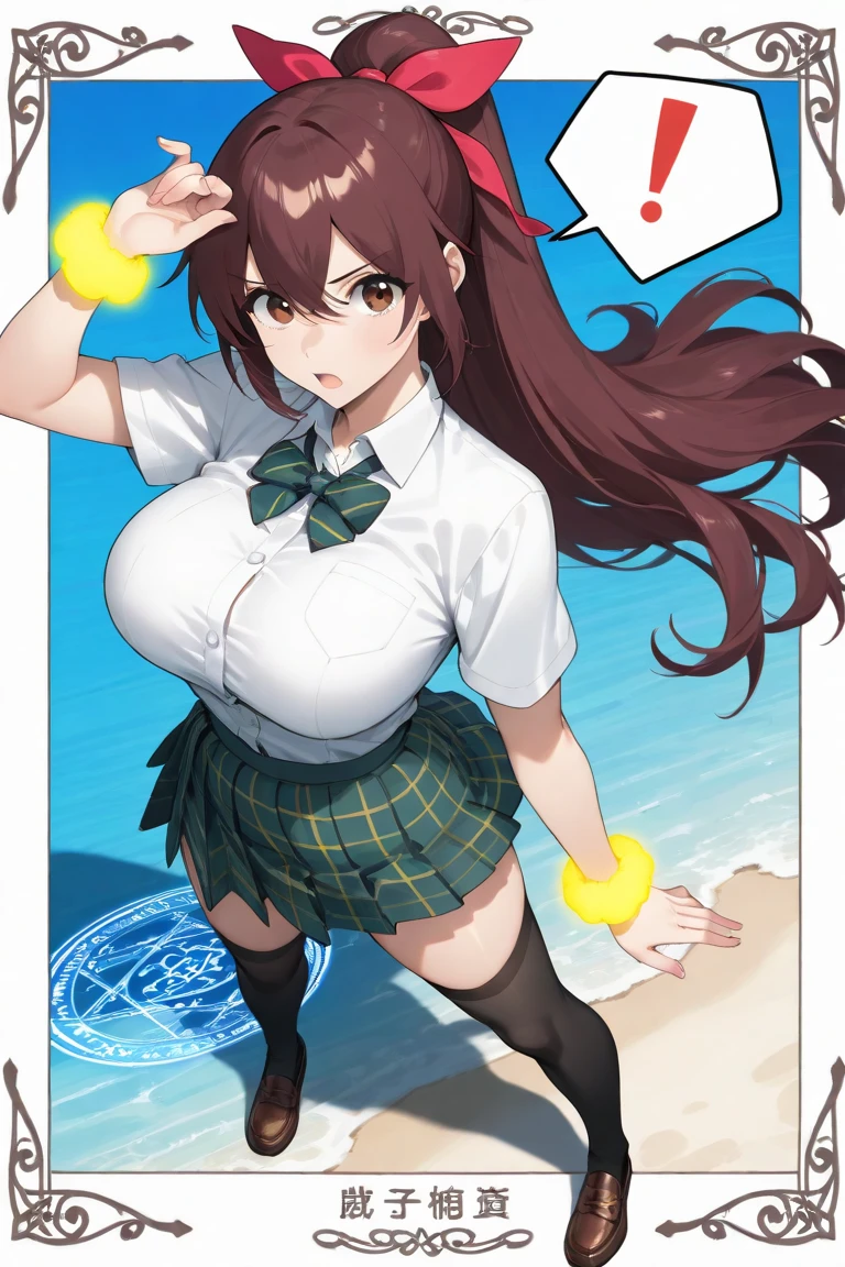 1girl, brown hair, ponytail, yellow eyes, smug, smirk, large breasts, wide hips, thick thighs, one-piece swimsuit, competition swimsuit, black one-piece swimsuit, black swimsuit, pool, yellow line, yellow trim, long sleeves, bare legs, highleg swimsuit, highleg