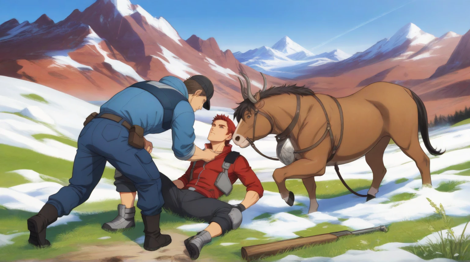 "The Good Samaritan Helping the Wounded"
Description: The Good Samaritan tending to a wounded man on the side of the road, while he places him on his horse and takes him to an inn. The background shows a barren road landscape and a cozy inn in the distance..
style: High quality illustration with a focus on the act of compassion and care. 24-70mm lenses to capture empathy and detail of the scene.
