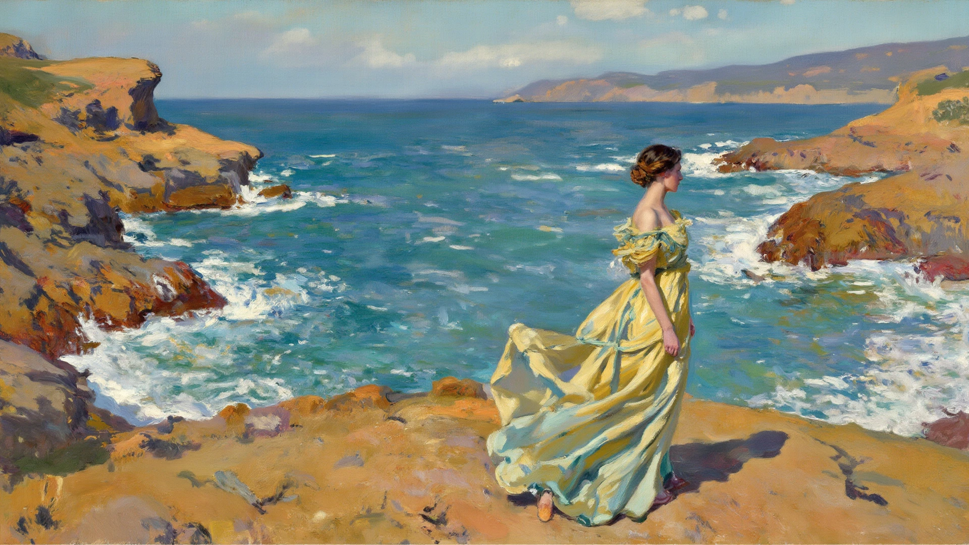 Create Monet-style abstract colors,Beautiful woman in a swimsuit walking along the coastline、Expressing tender feelings,calm down,There is loneliness in freedom,space