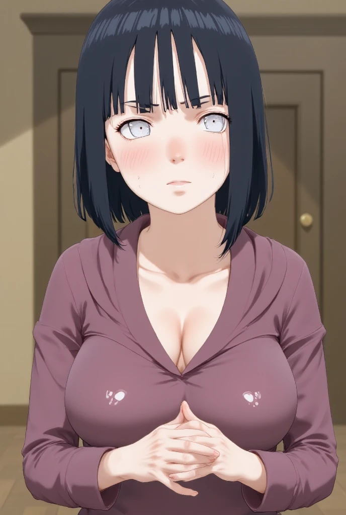 masterpiece, absurdres, hinata\(boruto\), 1 girl, solo,mature female, towel outfit, looking at viewer, (falling petals), perfect composition, detailed lips, huge large giant breast, beautiful face, body propotion, blush, (pink lips), long hair,  purple eyes,  soft gaze,  super realistic, detailed, realistic face and body, sweat body, hide breast using towel, sauna background, shy face, smiling. thick body, bbw, view from bottom, put hand in the back, very shy face, oil body. white fog, breast almost pull out from towel. heavy massive breast