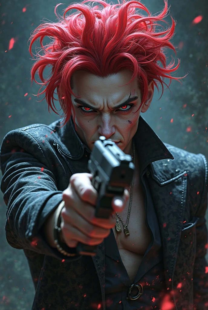 A red haired cyberpunk male character named Akashi on his chest, holding a Rifle