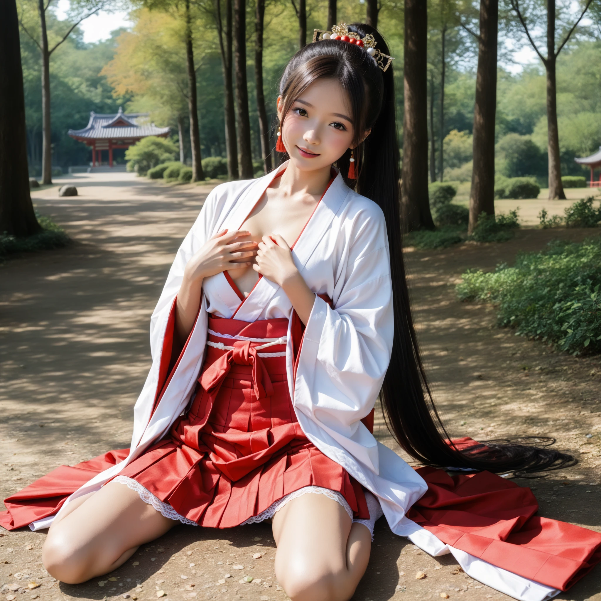 NSFW、beautiful shrine maiden、Black Hair Upstyle、((whole body))、(((photo taken from below)))、big waterfall