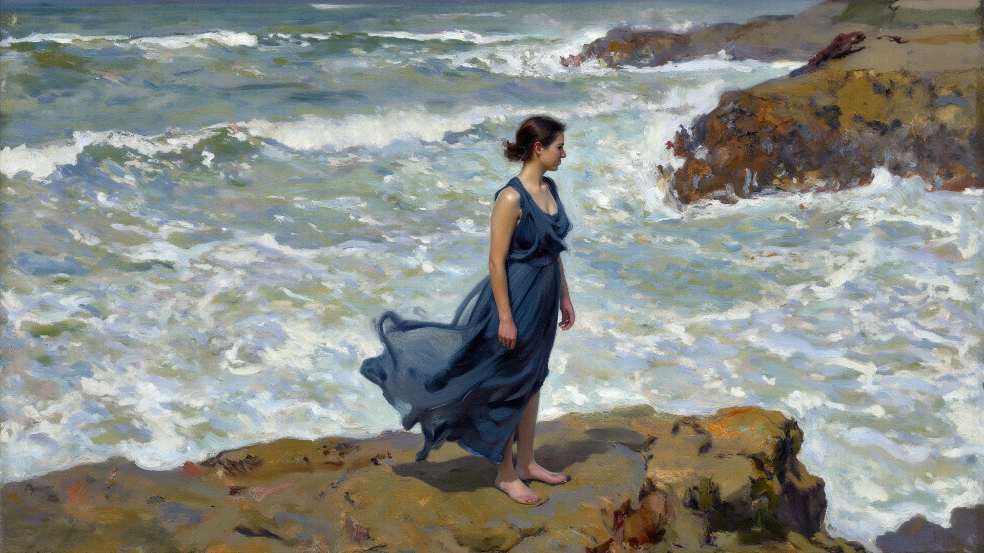 alone in the universe, Paint in watercolor style, Photorealism, discreet golden and ruby and mint shades, (nude) a gentle, modest thin girl of 14 years old with tender nipples walks barefoot in the distance along the coast