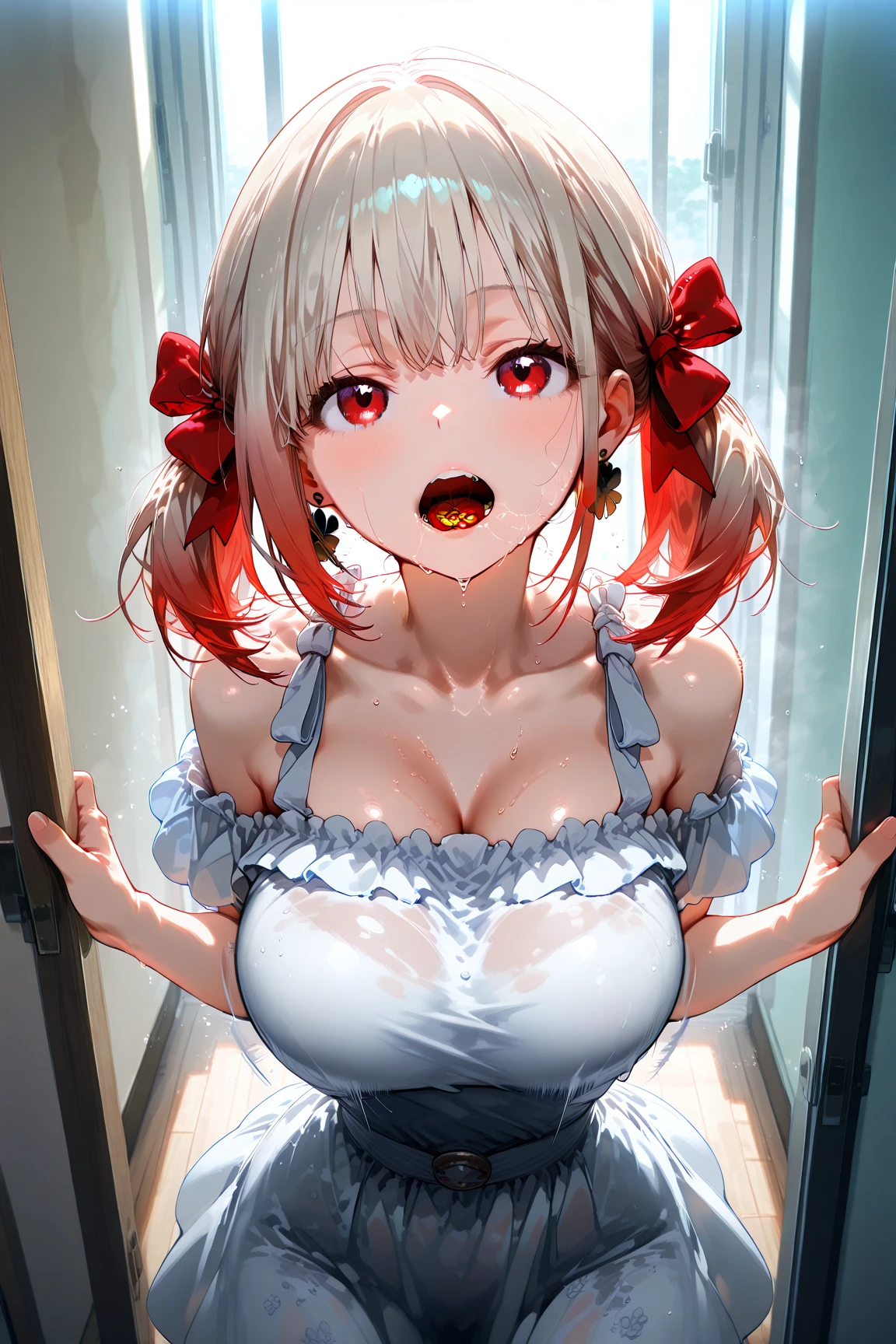 ((solo girl)),((Perfect body,))((Super beautiful,))((High quality,)), (sweaty,) (wet all over,) blush,saliva, steam,((nishikigi chisato,red ribbon)),((full nude,)),collar,pov, Looking at Viewer,solo,gigantic breast,pov, Looking at Viewer,Heavy breathing,saliva, sweat,Rough breathing, sweaty body,Blushing, (((Sweaty and wet all over))),Sweaty body,in hotel room,(nipples visible through clothes,), (collar,)ejaculations,pov, Looking at Viewer,,shiny glossy,Heavy breathing,saliva, sweat, Sweaty and wet all over,Rough breathing, sweaty body,((nsfw,opening crotch in a crouching posture,))semen dropping pussy,penis in pussy,cowgirl position,((face focus,face CloseUP))open mouth,tongue out,kissing