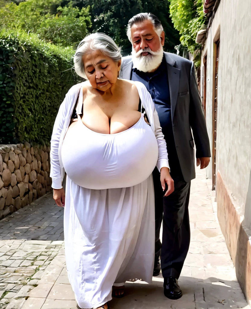 Elderly ugly old man, with a big nose, dark wrinkly skin, looking up a beautiful and elegant moroccan mother, who came to visit her husband's sick grandfather which to her surprise can still do things which people his age can no longer do, the moroccan mother and a 35 year old married woman with a thic body and curvy hips, and natural big sagging breasts, big boobs, wearing a white knee length, button down sleeveless dress, however her shirt malfunctioned and all buttons accidentally came off, leaving her shirt to hung side ways and exposing her natural big saggy breasts to the Eldery ugly old man who was surprised seeing her breast size, knowing nobody would see then, in the living room, detailed background, Elderly ugly old man grabbed one of the 35 year old woman's titty and tittysuck her huge breast, while staring at her seductively, she just closed her eyes and looked away with disgust as soon as she felt his tongue on her breasts, breast grab, tittysuck, detailed facial feature, in an intimate atmosphere, realistic, highres, warm lighting, full body, dynamic view