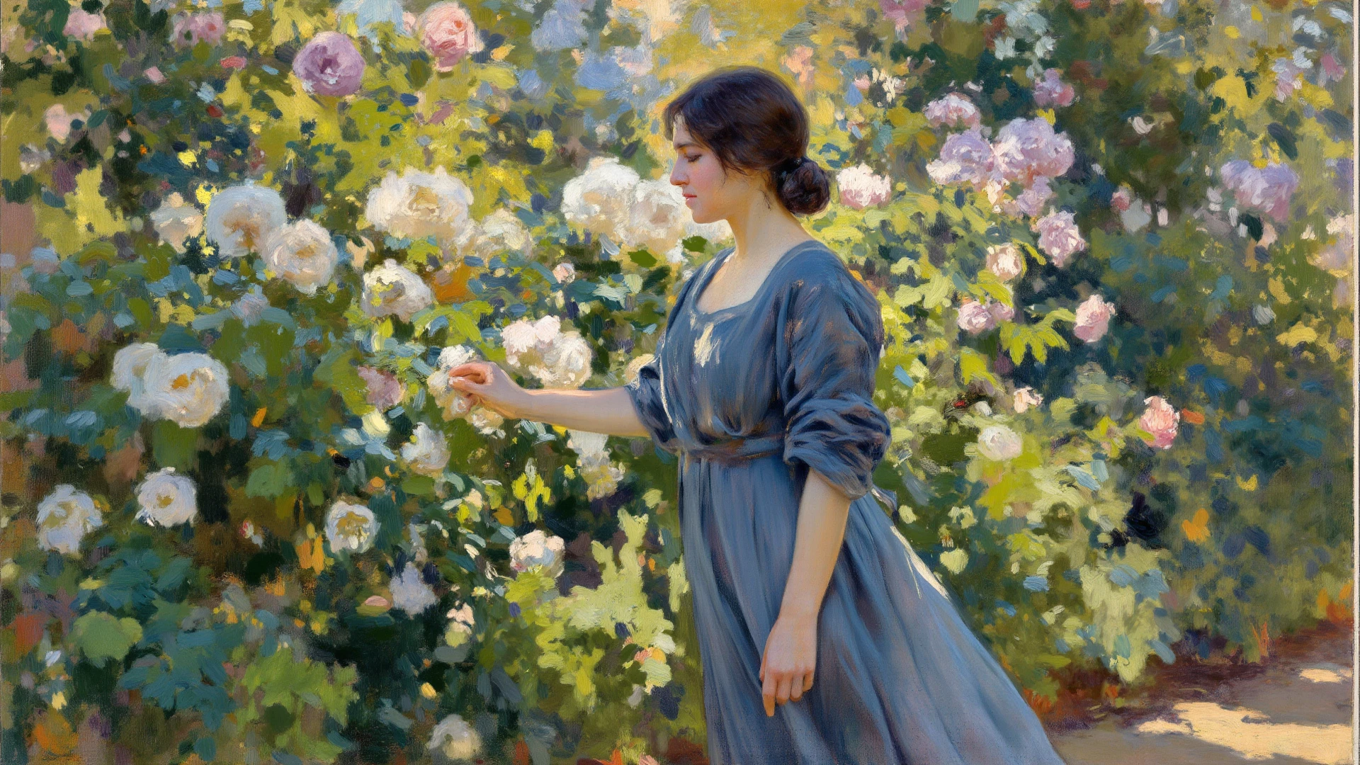 professional portrait photograph of a gorgeous chinese woman with blonde side braid hair, detailed alluring eyes , long sexy legs, wearing white T-shirt,denim shorts,elegant pose,hand on hip, Impressionism style painting <lora:impression:1>