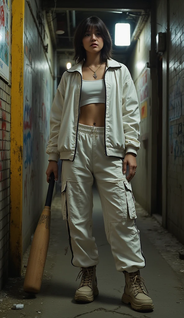 A tough and unapologetic 23-year-old woman with a fit, gym-trained body, standing with gritty confidence in a dark, trash-littered alleyway. She wears a white Calvin Klein underwear set, its waistband boldly visible above a pair of ultra-baggy, low-slung hip-hop pants that hang just above her thighs. Her oversized, distressed bomber jacket falls loosely off her shoulders, sleeves drooping low, exposing her crop top and toned abs. The fabric is worn, stained, and frayed—like it’s lived through chaos. Her chunky combat boots are scuffed and dusty, perfect for stomping through the city underground. She stands with her legs slightly apart, grounded like a street warrior. Her left hand rests on her hip with swagger, while her right hand drags a heavy, dented baseball bat across the cracked concrete floor. Her face is fierce—jaw set, eyes narrowed with defiance. Her chin tilts slightly up, nose pointed skyward, wearing a smug, untouchable expression. Her shoulder-length hair is slightly messy, textured like it’s been through wind and smoke. The background is a raw, graffiti-covered alley soaked in dim, yellowed streetlight. Posters peel off brick walls, grime clings to metal doors, and a faint mist rises from underground vents. There's dust in the air, flickering neon signs in the distance, and the whole scene feels like a rebel’s hideout—loud, unclean, and full of soul. The colors are muted—grays, browns, and faded reds—with grainy textures and high contrast shadows that bring out the roughness of the environment. Cinematic, full-body grunge splash art in 9:16.