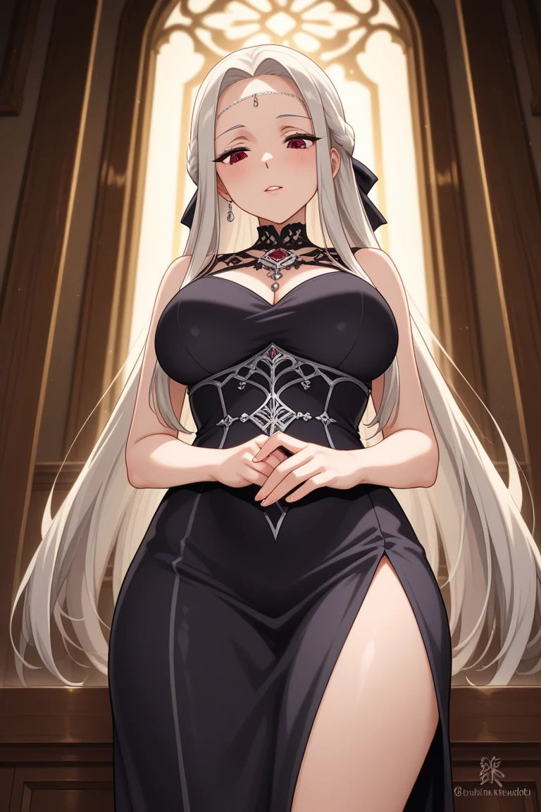 (standing on your feet),1 Elven female, jewelry, White hair, Solo, necklace, Very long hair,Princess hairstyle,Long hair, Earrings, Moles under the mouth, black fingernails, petals, Purple lips, elvish ears，(huge breasts:1.5),hair adornments, flower, black flower, pearls necklace,Great bust, lipstick, Makeup, blue colored eyes, nail polish,shiny skin,huge tit, huge long breasts,cleavage,tit,(nun clothelack lace stockings,high-heels,Cabellour,(Mature female:1.6),full body