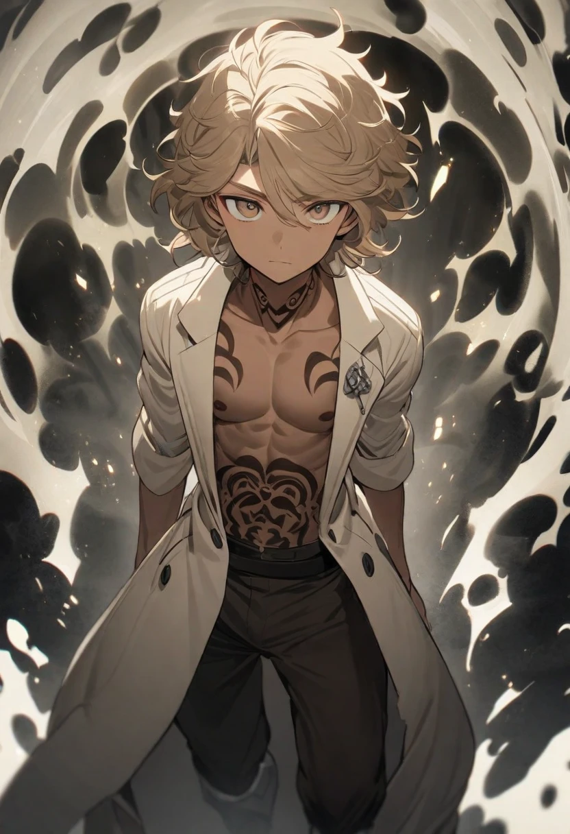 young man, He has blond hair, piercing blue eyes and an athletic body, using a fig leaf as cover