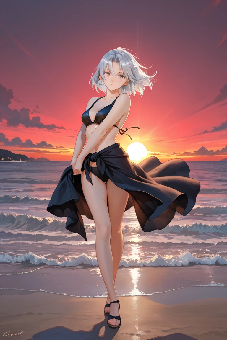 (masterpiece, best quality), hyperrealistic, cinematic, anime girl, (flowy kimono with a two-piece swimsuit, the flowy kimono adds movement and elegance, while the one-piece swimsuit provides comfort and style.:1.2), ((seaside background:1.4)), 1 girl, ((silver hair:1.5)), ((side-swept fishtail braid:1.5)), ((full-body shot:1.3)), head to toe visibility, perfect anatomy, curvaceous body, alluring, long round legs, extra large chest, perfect eyes, perfect hands, standing near the water's edge, with one foot slightly in front of the other, allowing the kimono to catch the breeze, one hand on her waist, one hand on her nape, the model's body language should exude confidence and grace, (a serene and content smile and slightly parted lips:1.2), capturing a sense of relaxation and appreciation for the seaside setting, extremely detailed Artgem, ig model, artgem, alena aenami and artgem, krenz cushart and artgem, artgem and atey ghailan