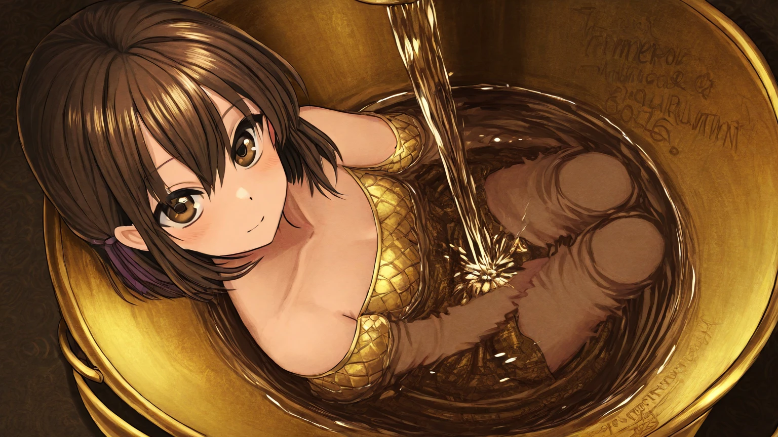 masterpiece, Highest quality, hot , golden hair, golden skin, nude, Smooth texture, shiny, body paint, body covered with golden paints, sweaty, smell, steamy beautiful obscene body, blush, sit down, dark hot room