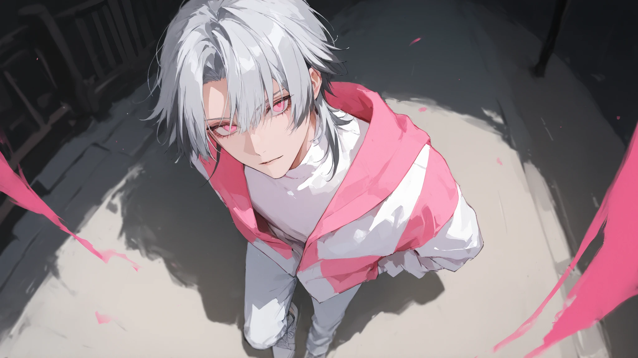 Highest Quality male full body high angle front street fashion white clothes Gray Hair hair tips are pink shocking pink eyes mischief